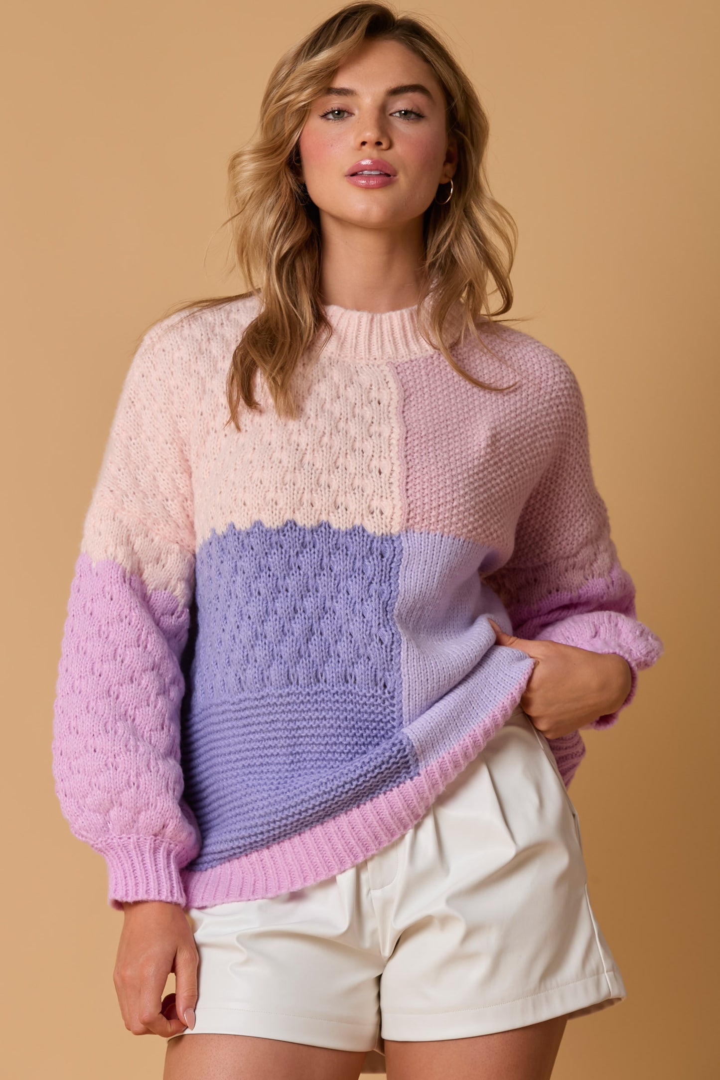 Purple Color Block Long Sleeve Sweater Top