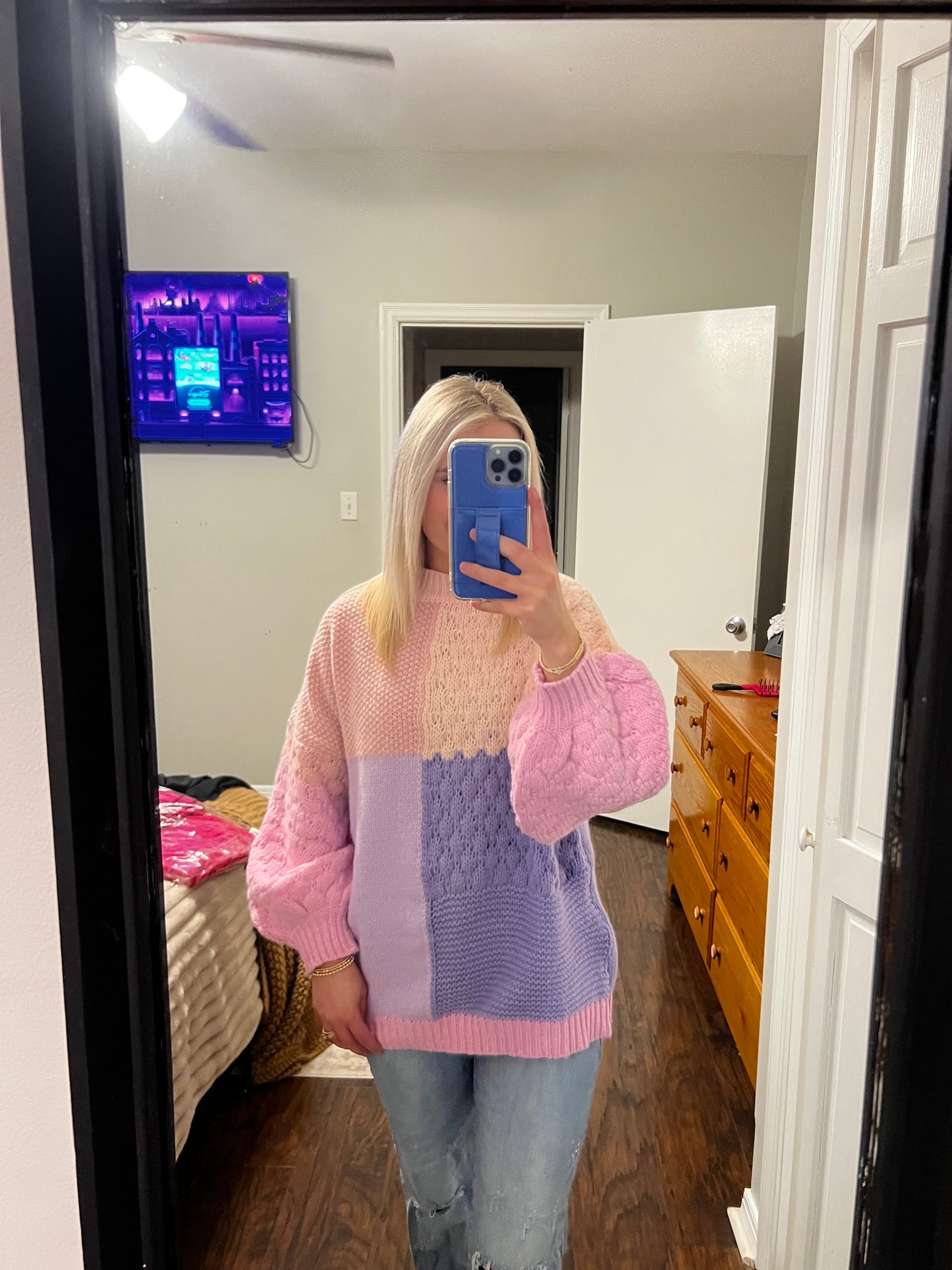 Purple Color Block Long Sleeve Sweater Top