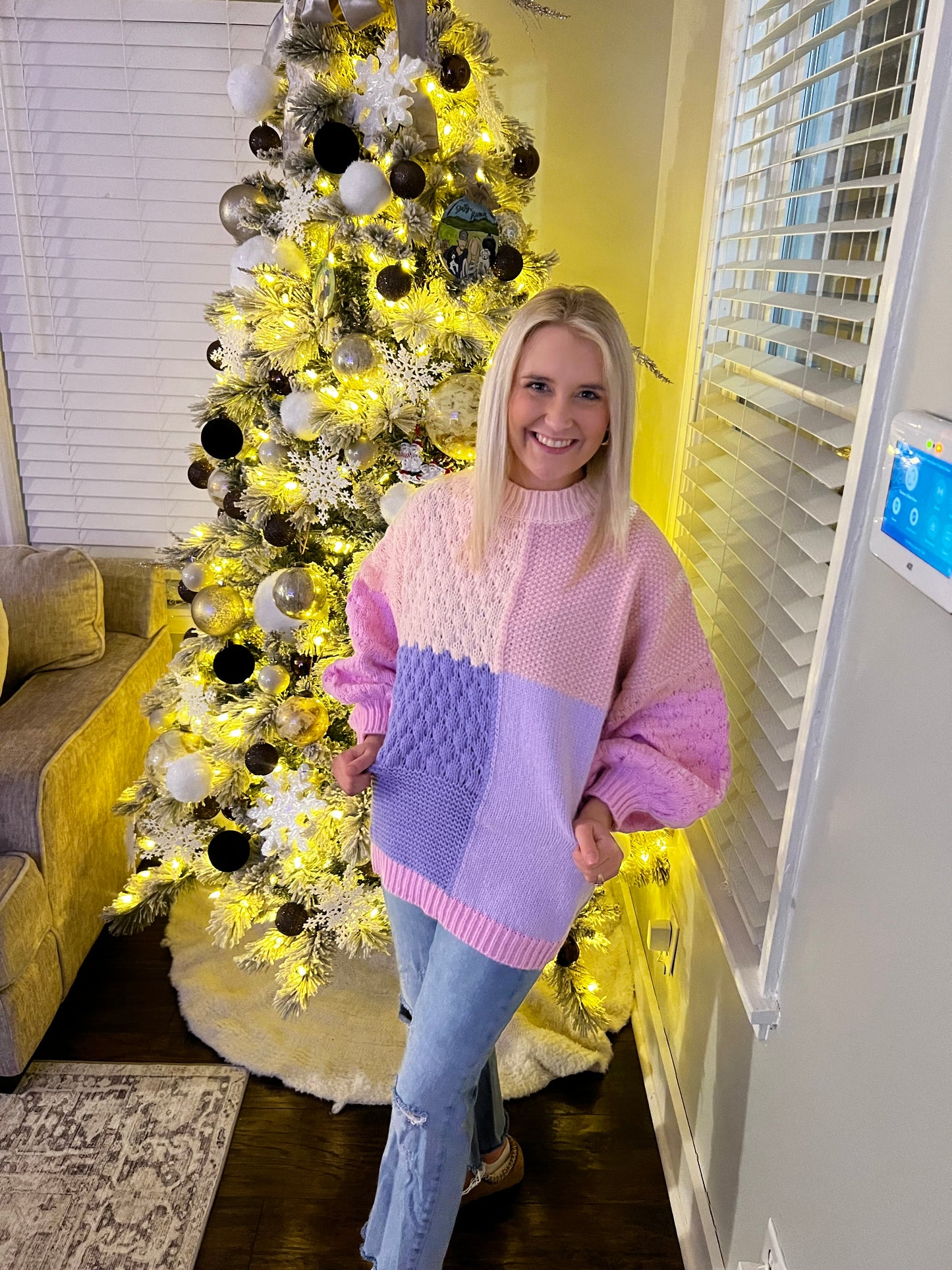 Purple Color Block Long Sleeve Sweater Top